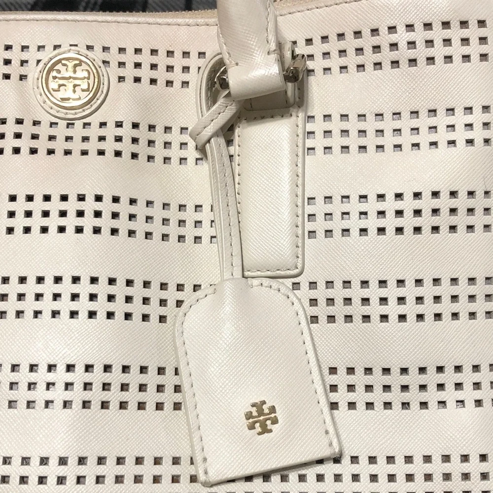 Tory Burch White Perforated Leather Tote with Gold Logo